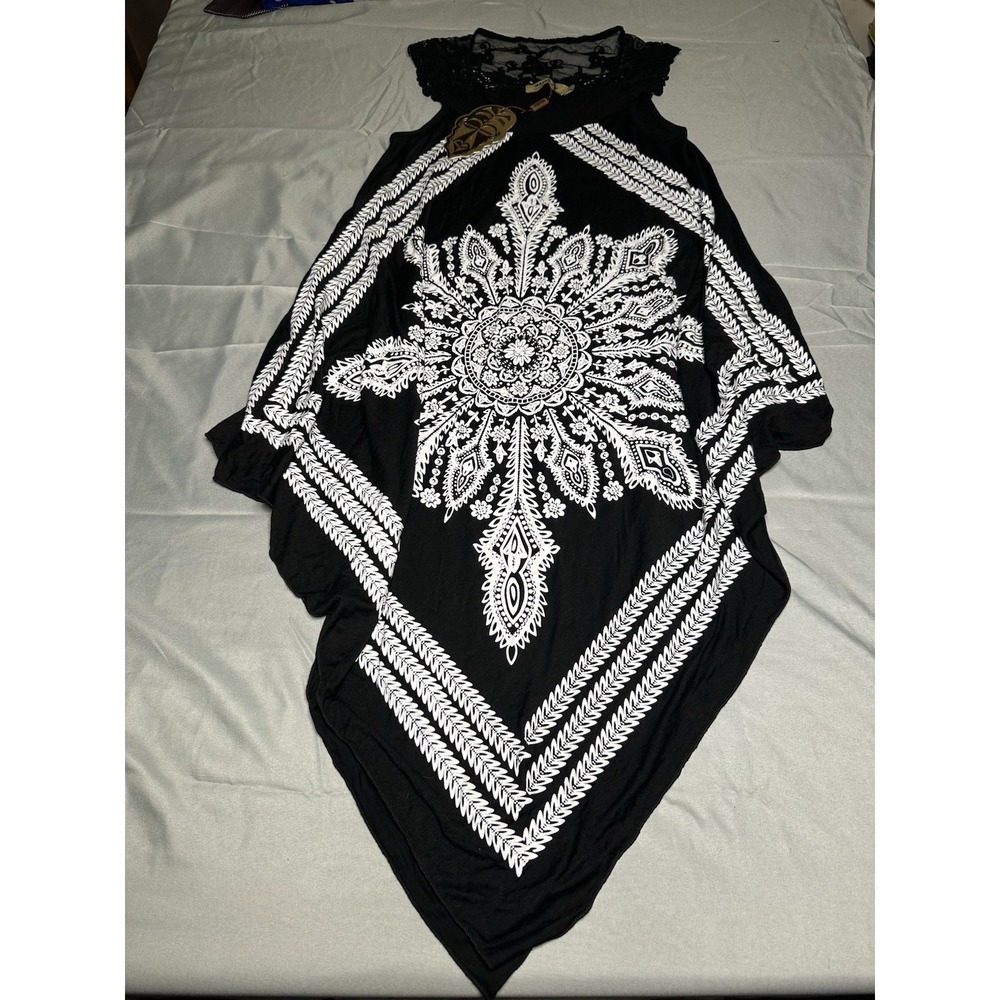 Wayan NWT Mexican Dress Lace Black Beach Bohemian Loose Mandala Print